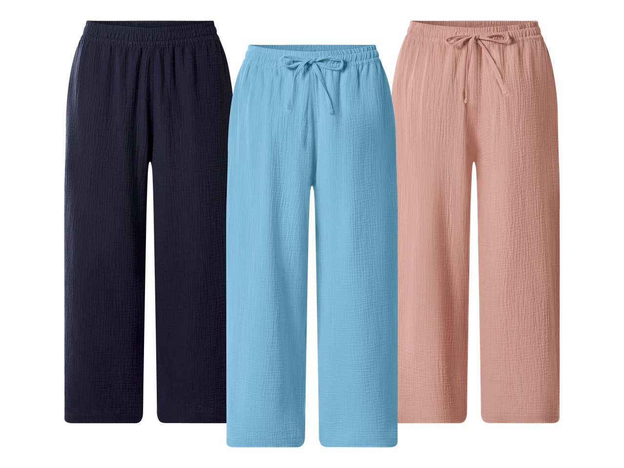 Tri para širokih hlača od muslina u tamnoplavoj, svijetloplavoj i ružičastoj boji.