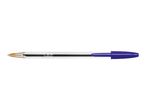 Blue ballpoint pen with a clear barrel and a visible ink tube.