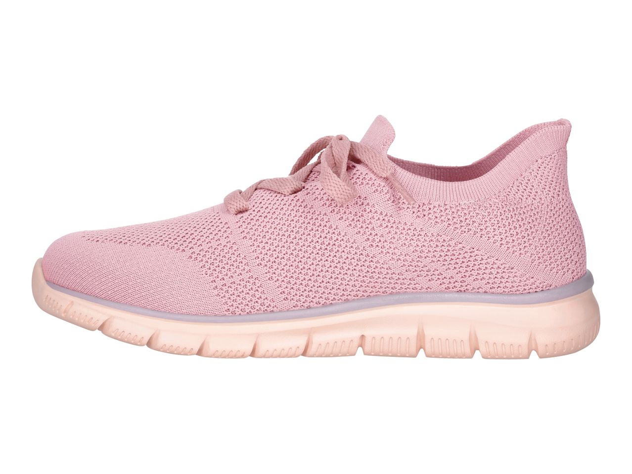 A single light pink knitted sneaker with matching laces and a light peach sole.