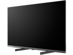 A sleek, modern television with a dark screen and a silver bottom bezel, angled to the left.