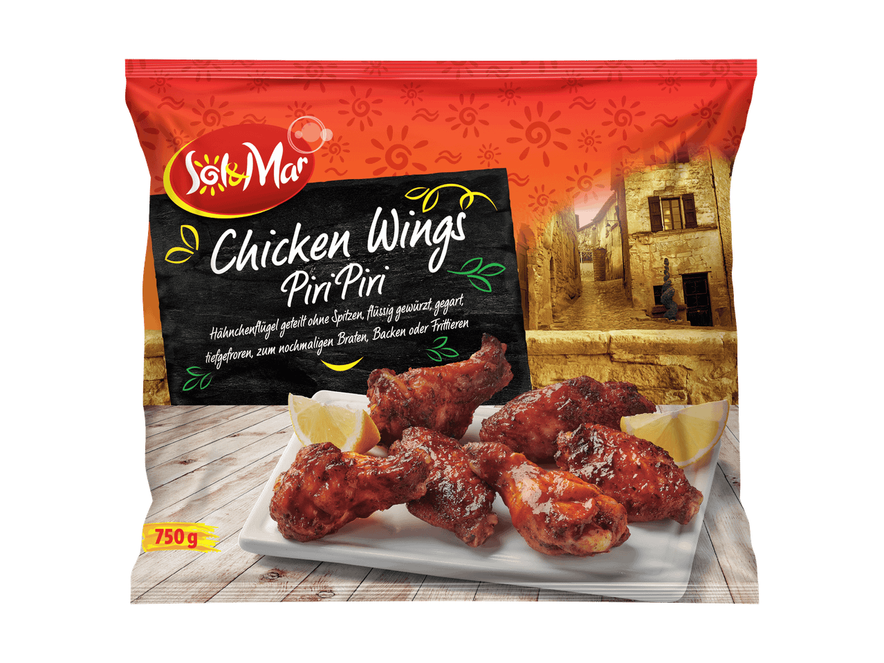 Verpackung mit Piri Piri Hähnchenflügeln, 750g, mit Zitronenspalten auf einem Teller.