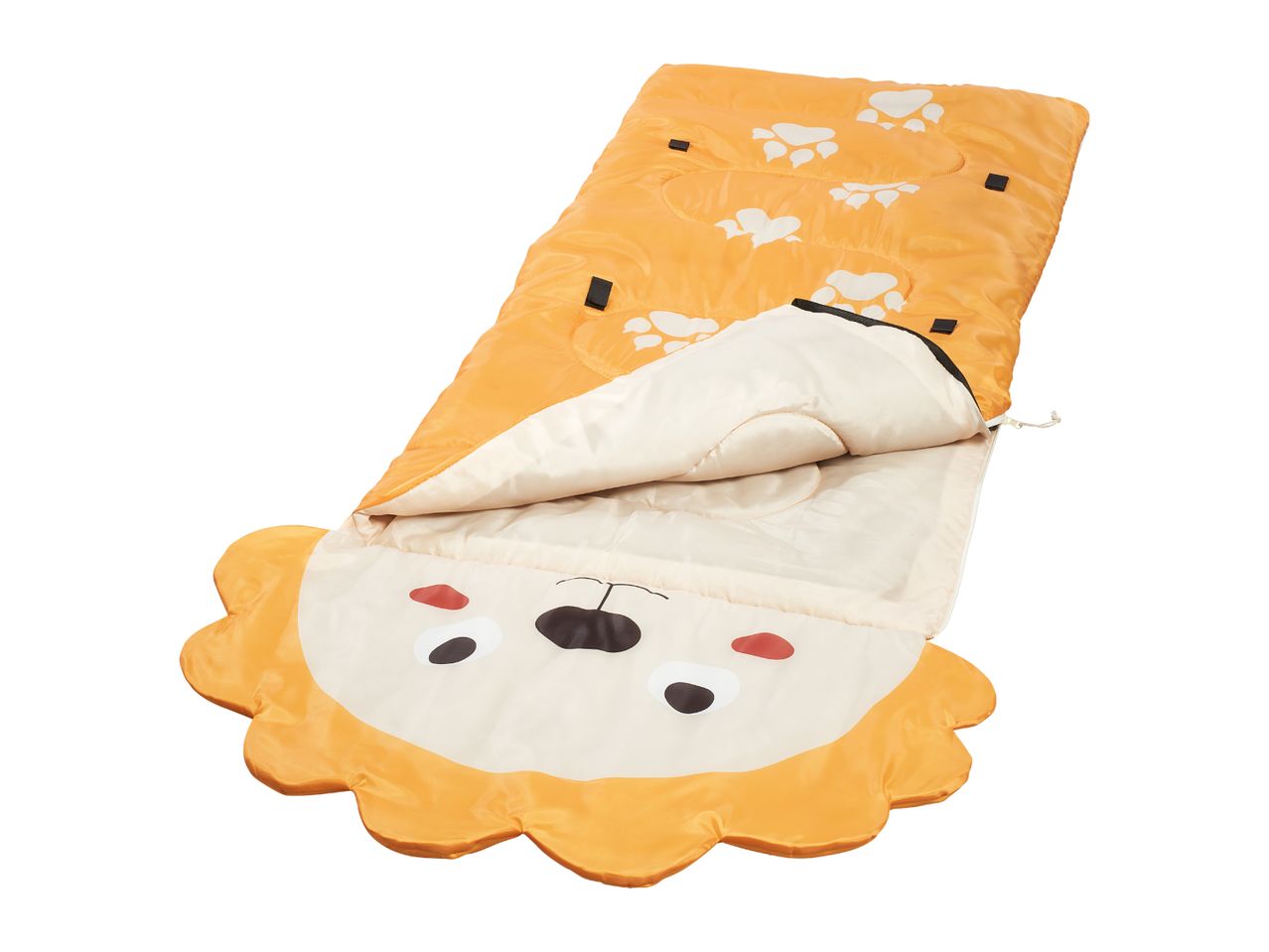 A child's lion-themed sleeping bag is partly unzipped, showcasing its soft interior.