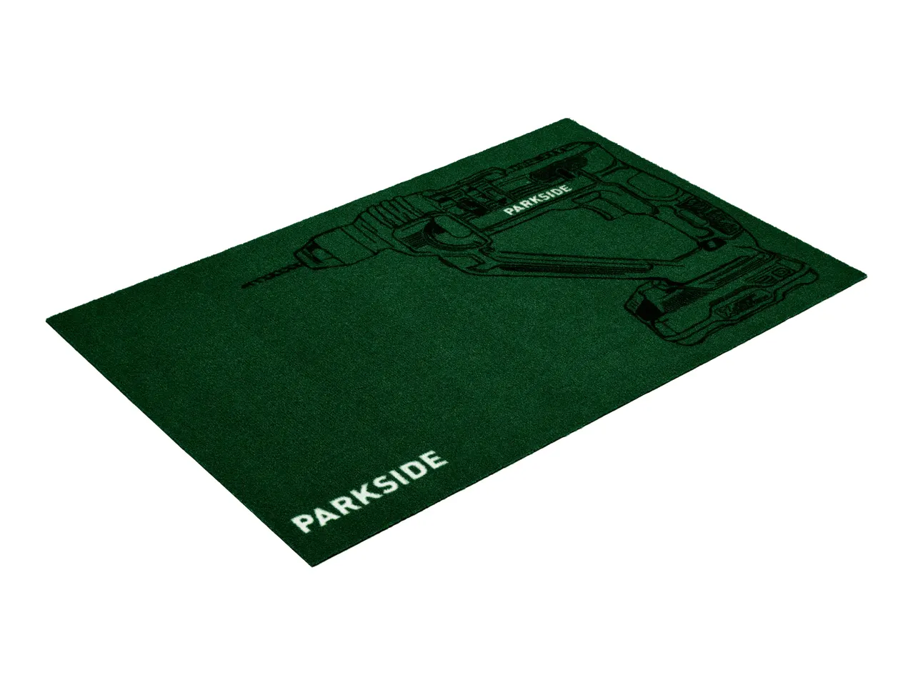 Green mat with a black outline of a drill and the brand name Parkside on the front. 