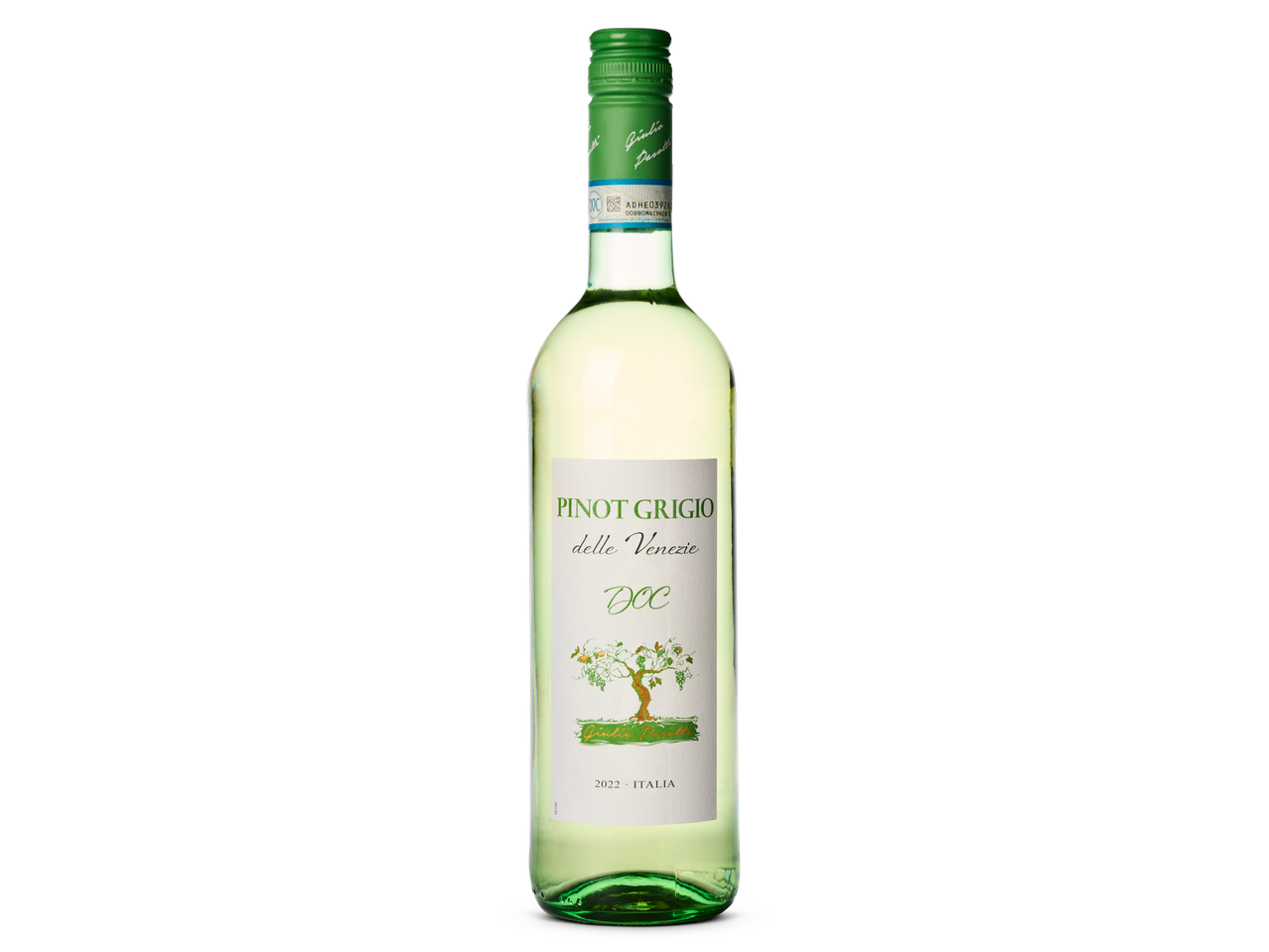 Een fles Giulio Pasqualetti Pinot Grigio delle Venezie DOC wijn.