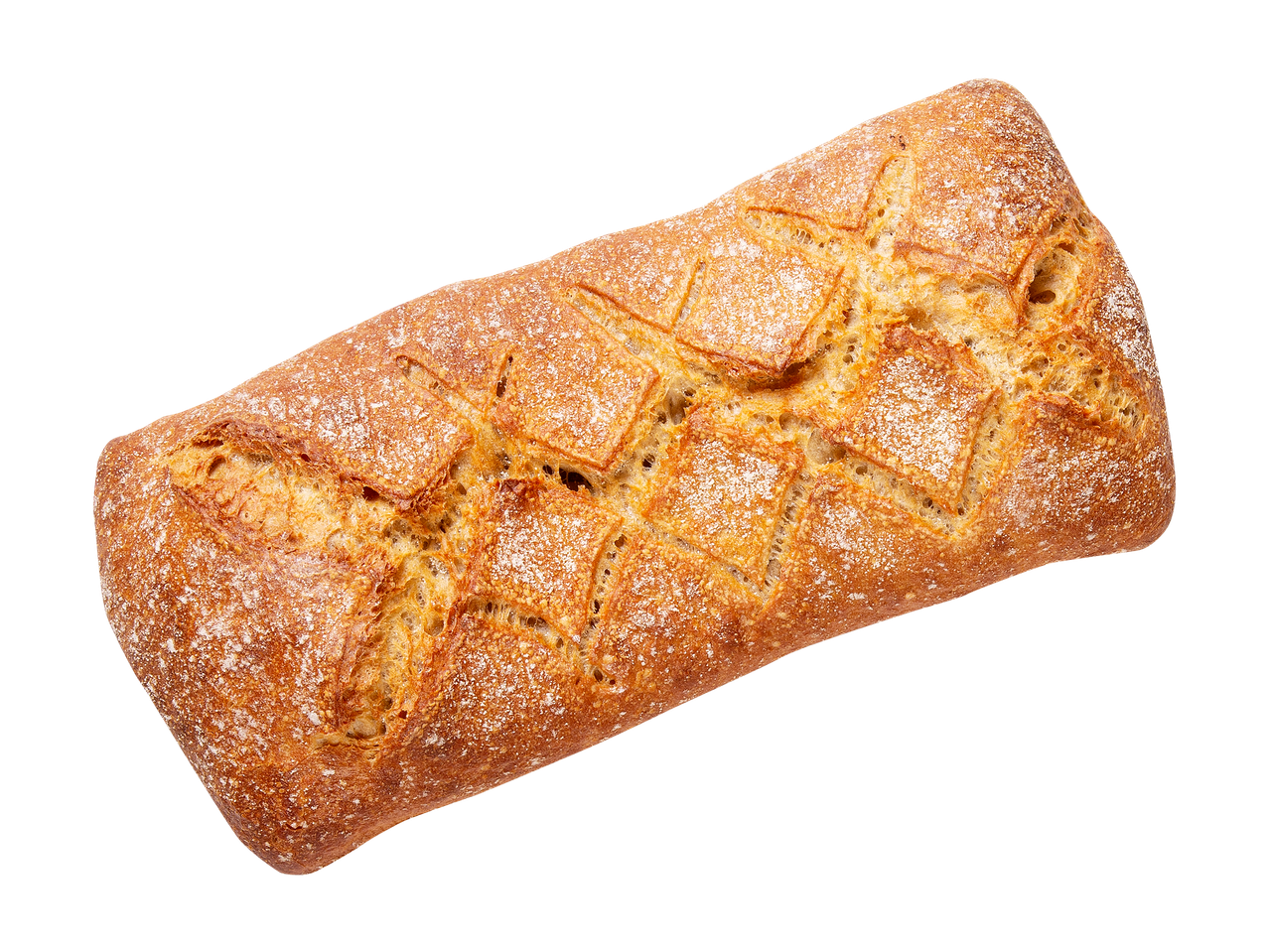 Ylhäältä kuvattu leipä, jossa on timanttikuvioinen kuori mustalla taustalla.