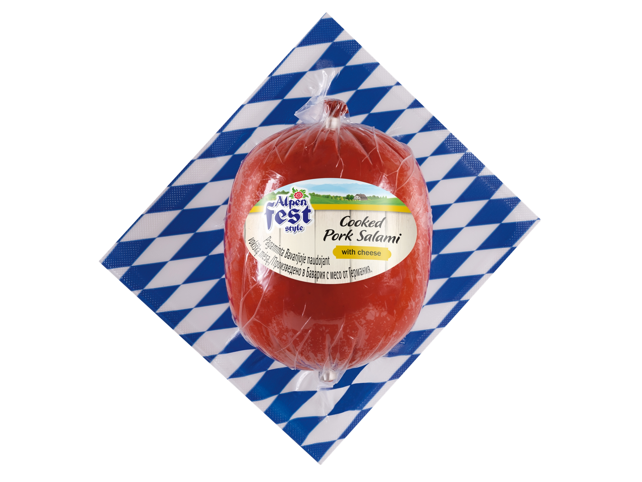 Alpenfest alaus saliamis, virtas kiaulienos saliamis su sūriu