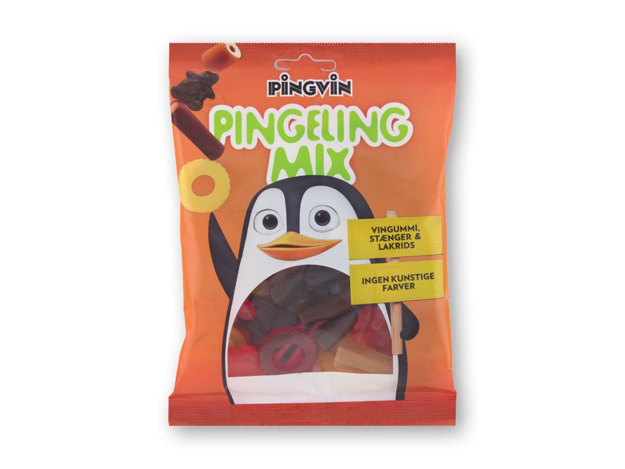 En orange pose Pingvin Pingeling Mix slik med en tegneseriepingvin og forskellige vingummi- og lakridsstykker.