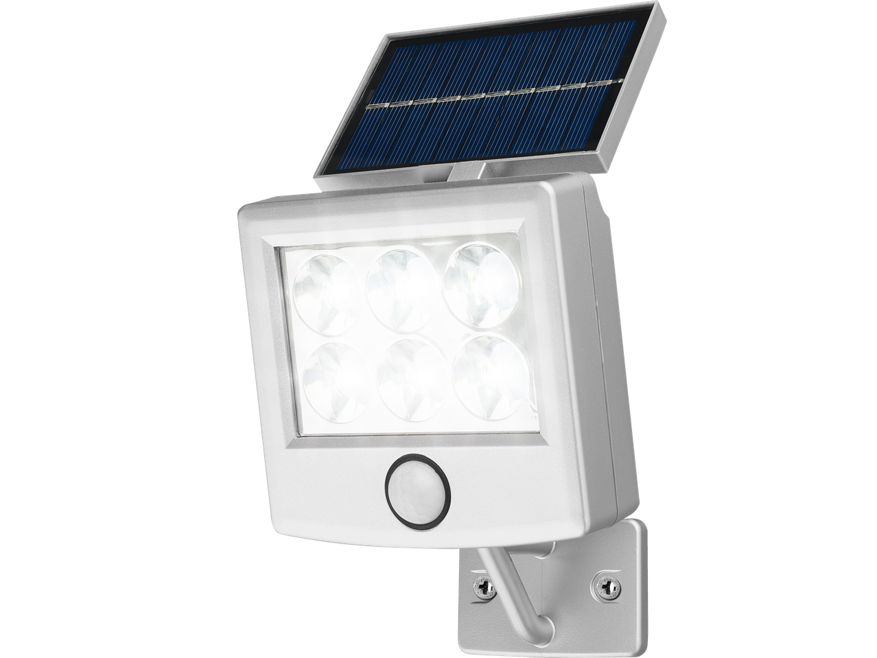 Livarno LED Solar Light with six bright LEDs, a motion sensor, and an adjustable solar panel.