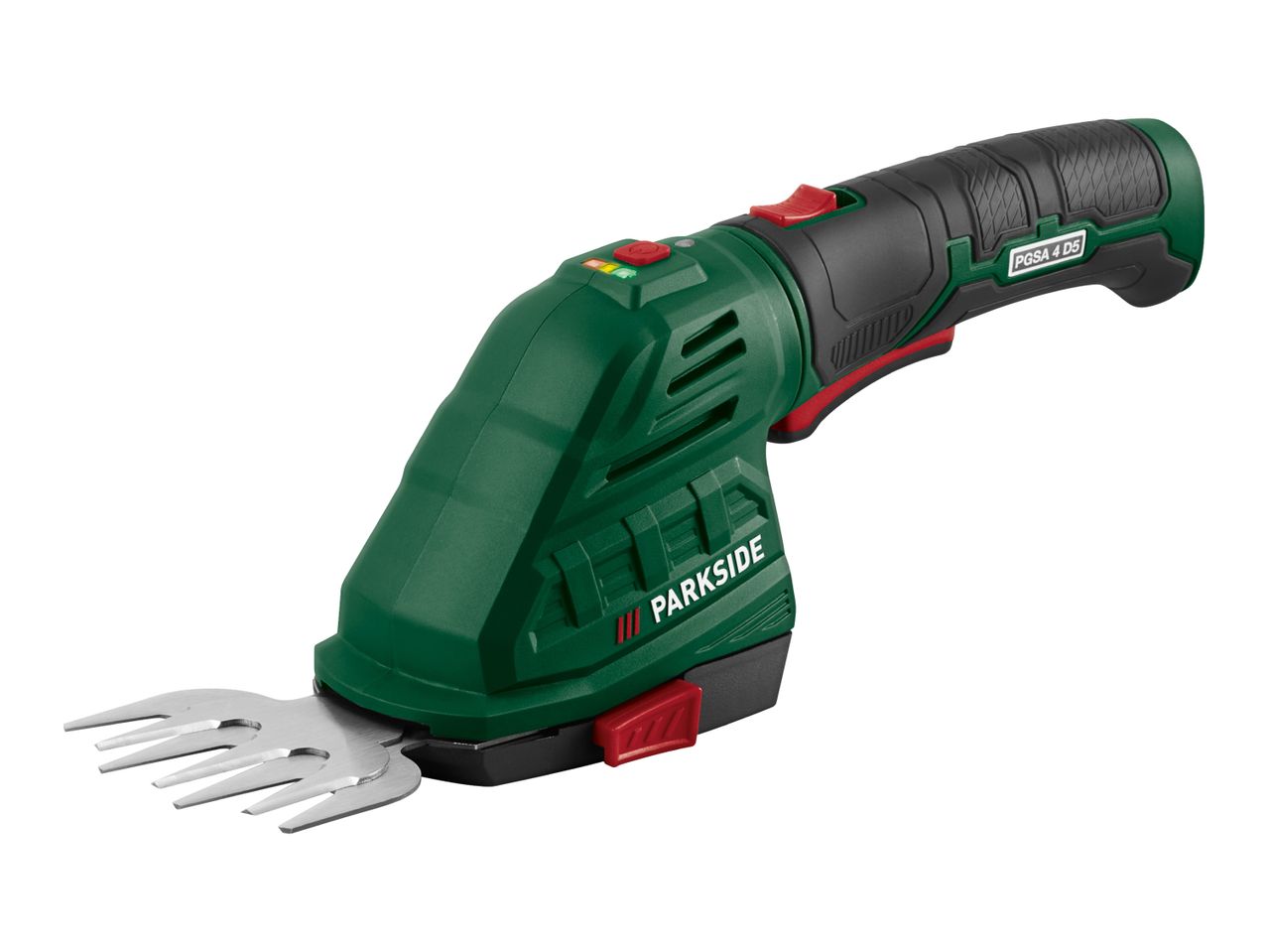 Cordless grass and shrub shears with a green and black body and red accents.