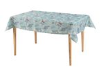 Rectangular table with a light blue floral tablecloth featuring pink, white, and purple flowers.