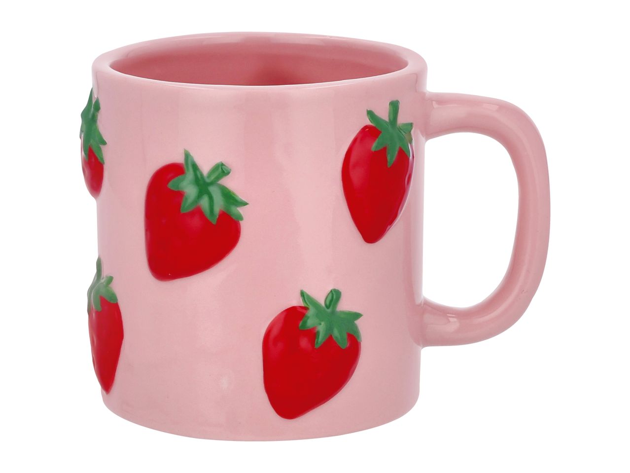 Pink ceramic mug with raised red strawberry designs and green leaves.