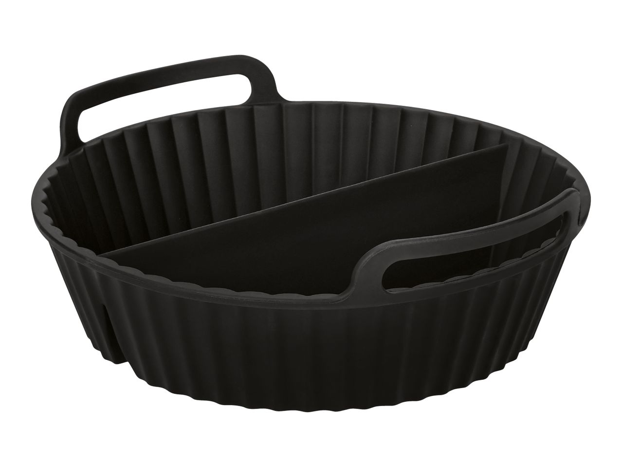 Black silicone air fryer basket with a divider and handles.
