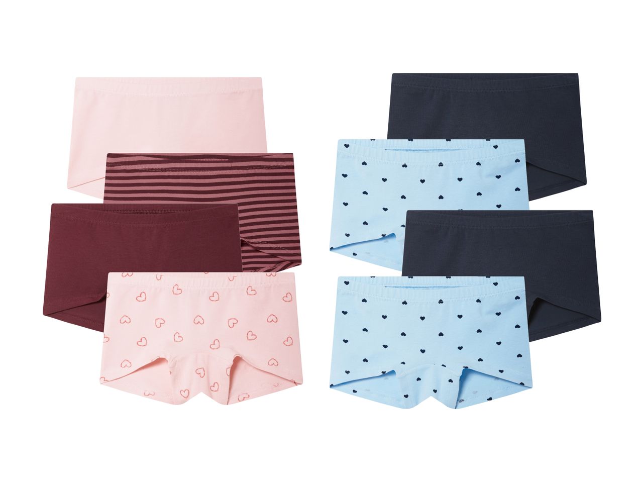Acht Damen-Boxershorts im Set, unifarben und gemustert.