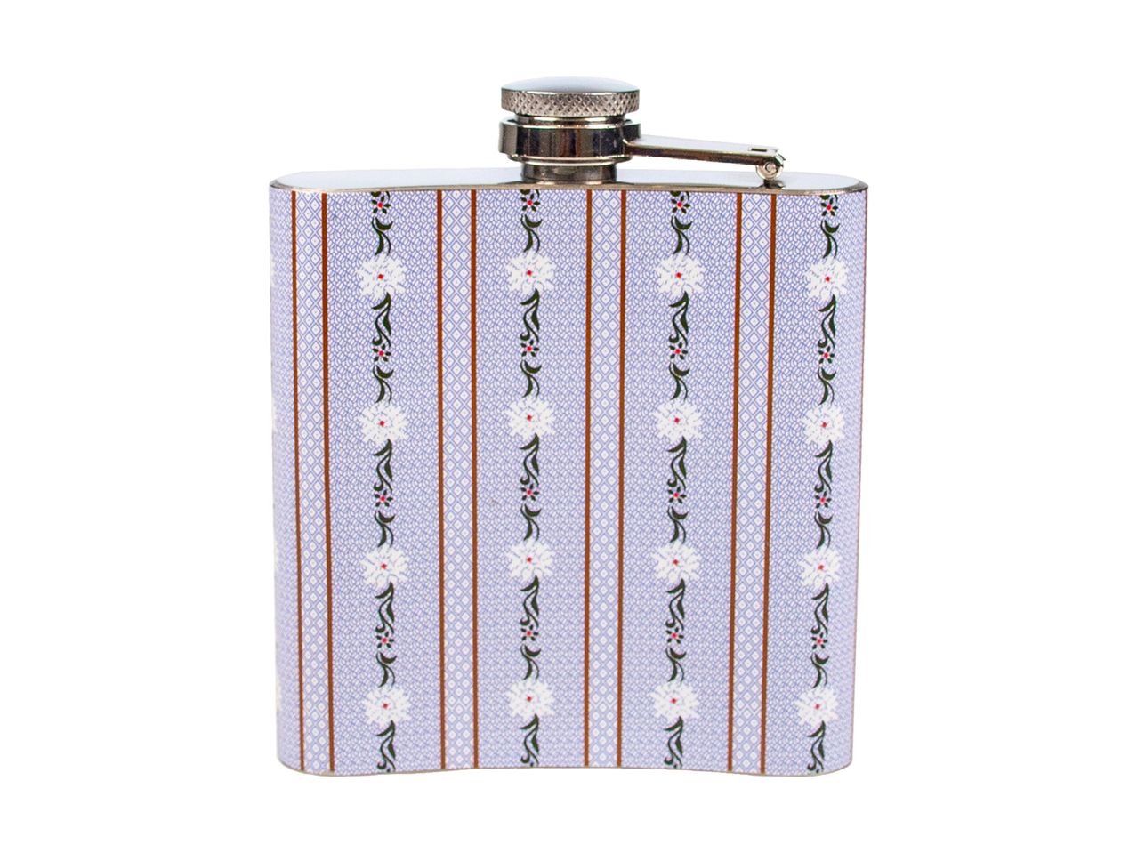 Eine mit Streifen und Blumenmustern verzierte Schnapsflasche.