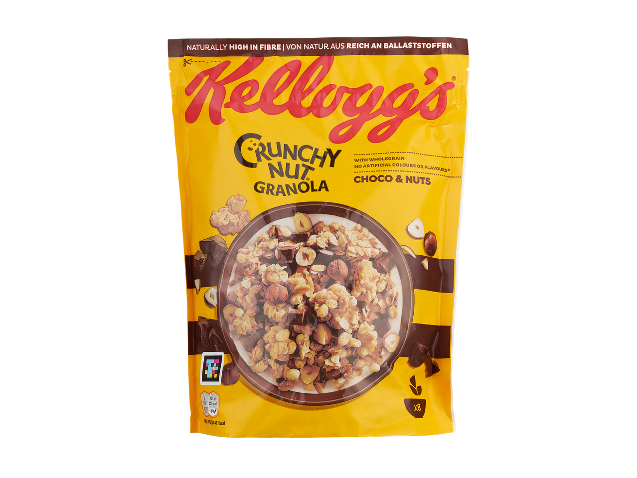 „Kellogg's Crunchy Nut Granola“ su šokoladu ir riešutais.