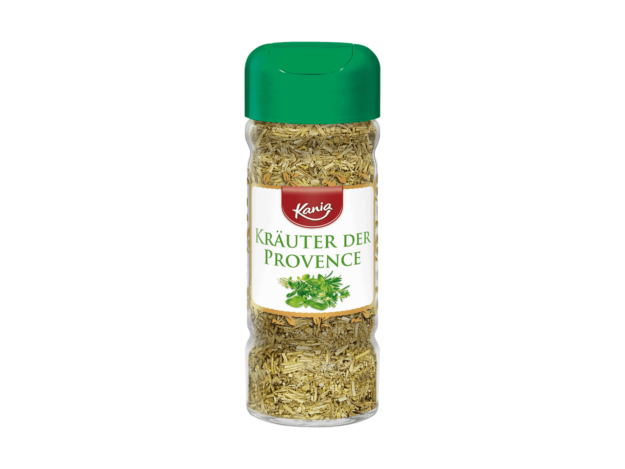 Kräuter der Provence in einem Glasstreuer mit grünem Deckel