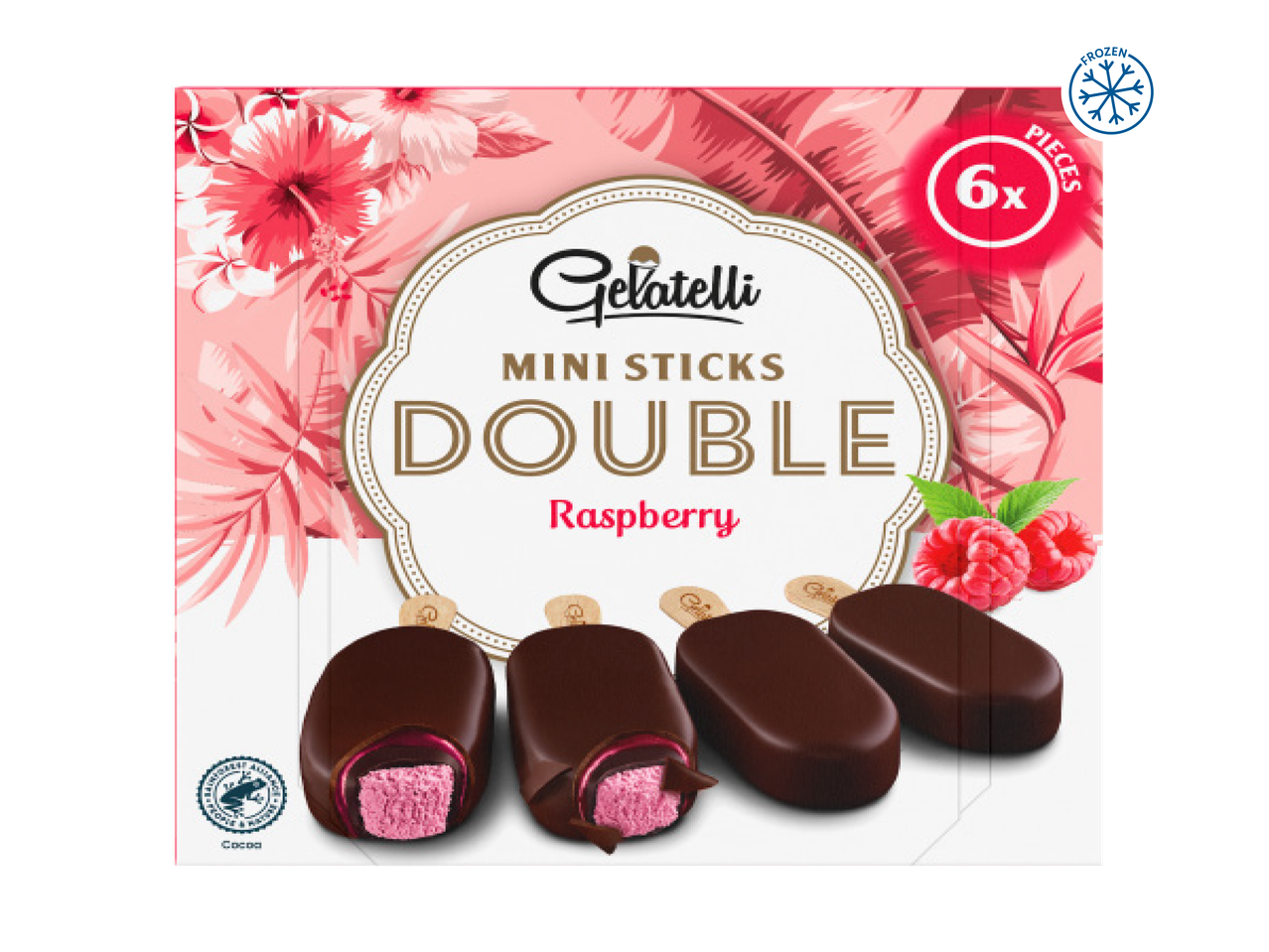 Gelatelli Mini Sticks Double Raspberry ice cream, six count box.