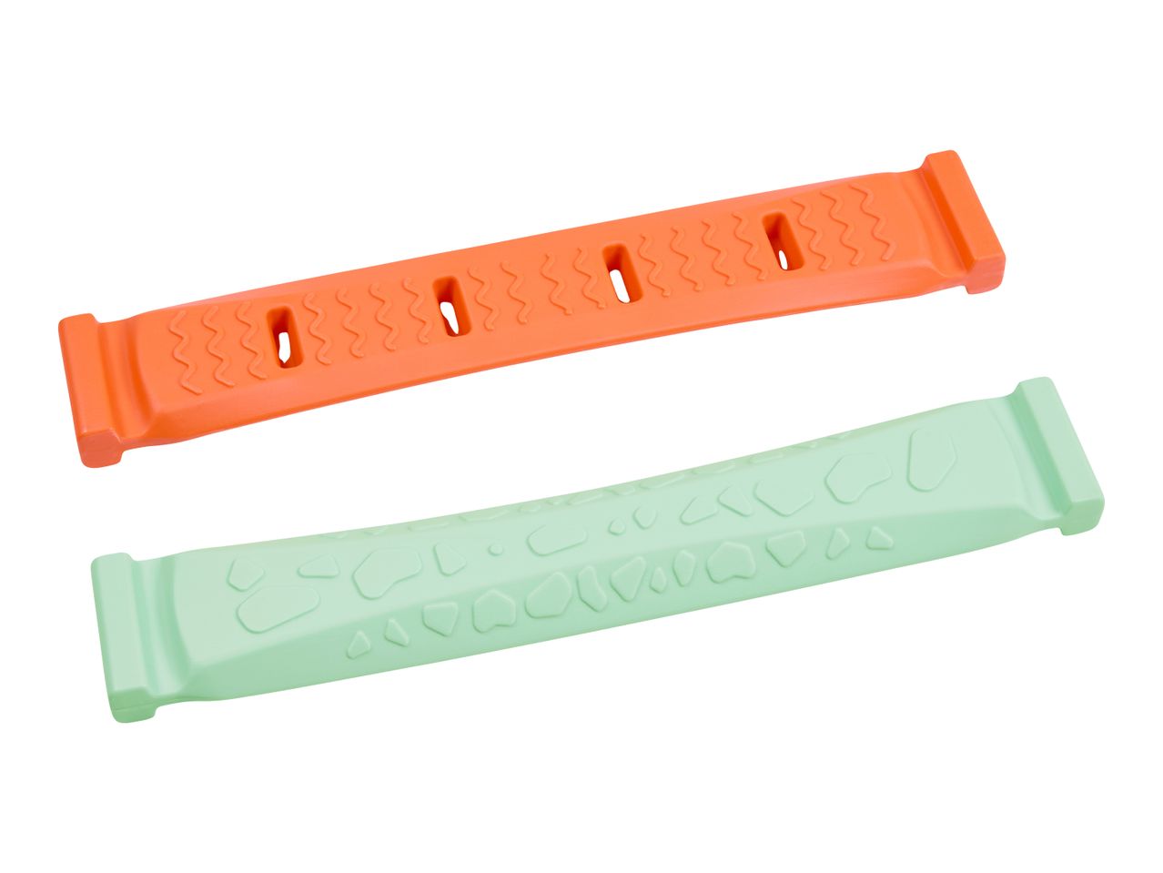 Two colorful silicone chew toys for pets, one orange with wavy patterns and one green with paw prints.