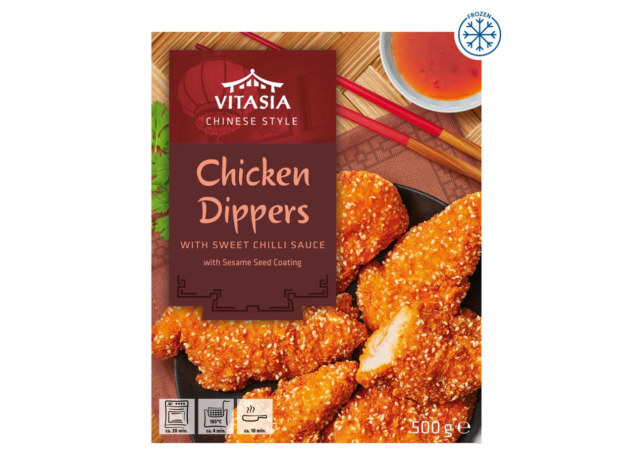 Vitasia Chinese Style Chicken Dippers with sweet chilli sauce and sesame seed coating.