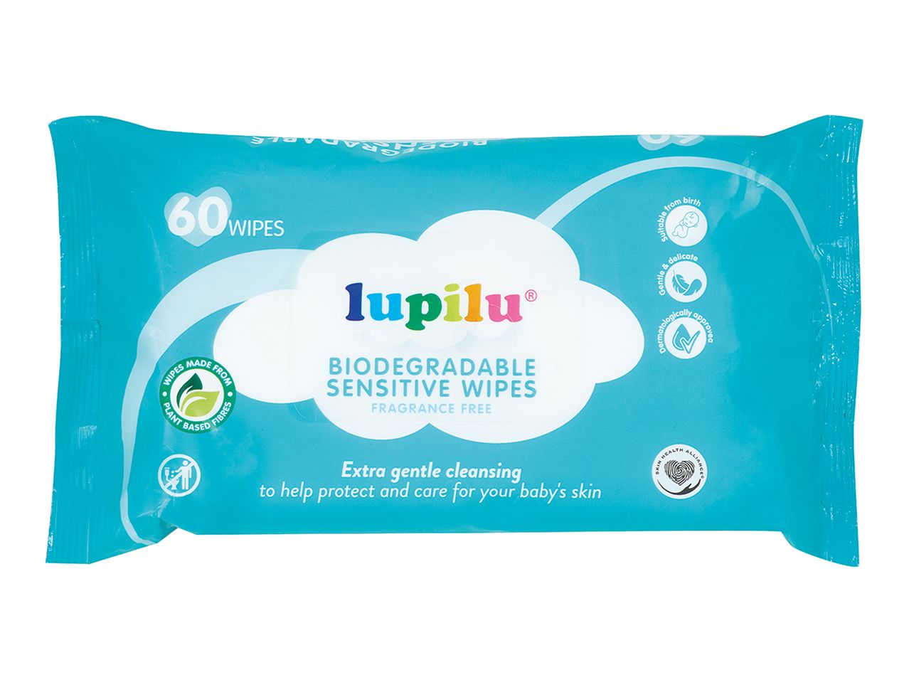 Lupilu biodegradable sensitive wipes, fragrance-free, 60 count.