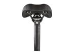 A black bicycle saddle with a seatpost is shown from below.