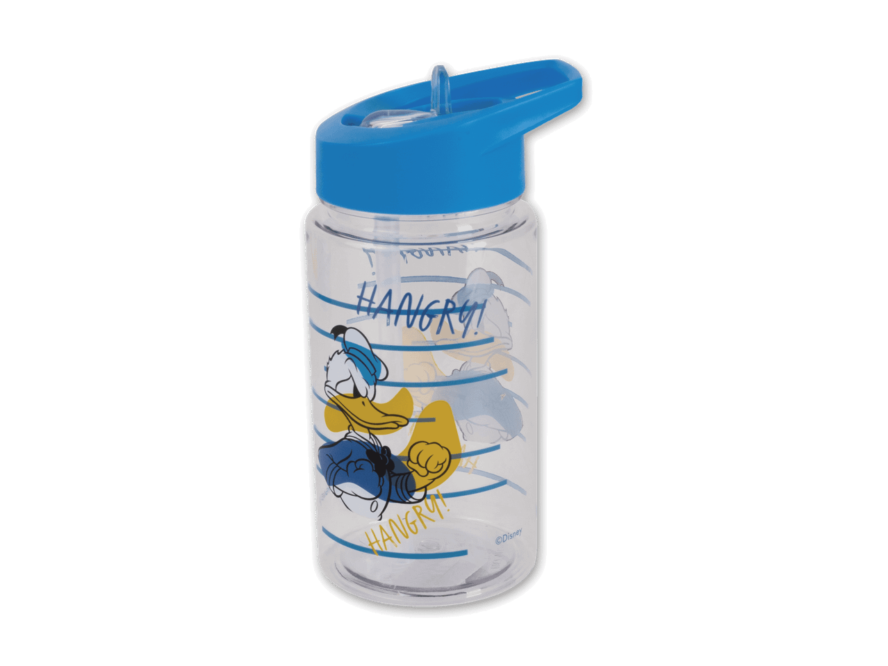 Eine blaue Trinkflasche mit Motiv.