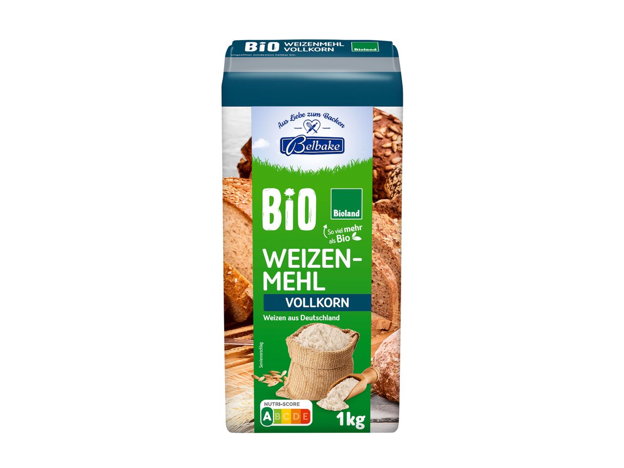 Bio-Weizenvollkornmehl in einer Packung mit Brot und Mehl im Hintergrund.