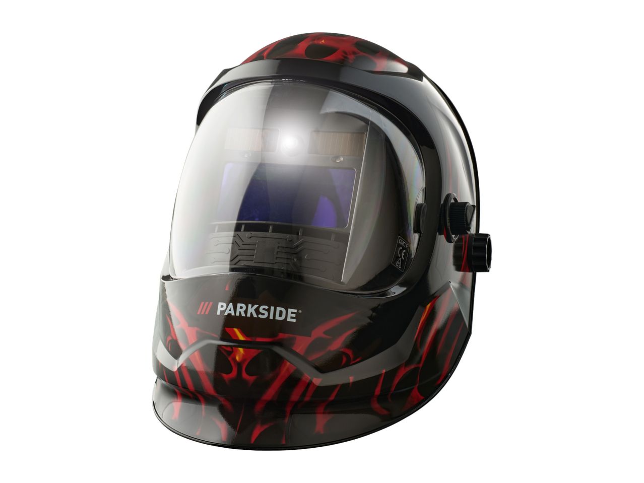 Parkside welding helmet with a red and black flame design.