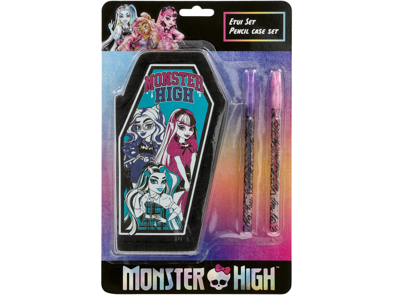 Monster High pieštukų dėklų rinkinys su karsto formos dėklu ir dviem pieštukais.