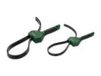 Zwei grüne Bandschlüssel mit schwarzen Gummibändern in verschiedenen Größen.