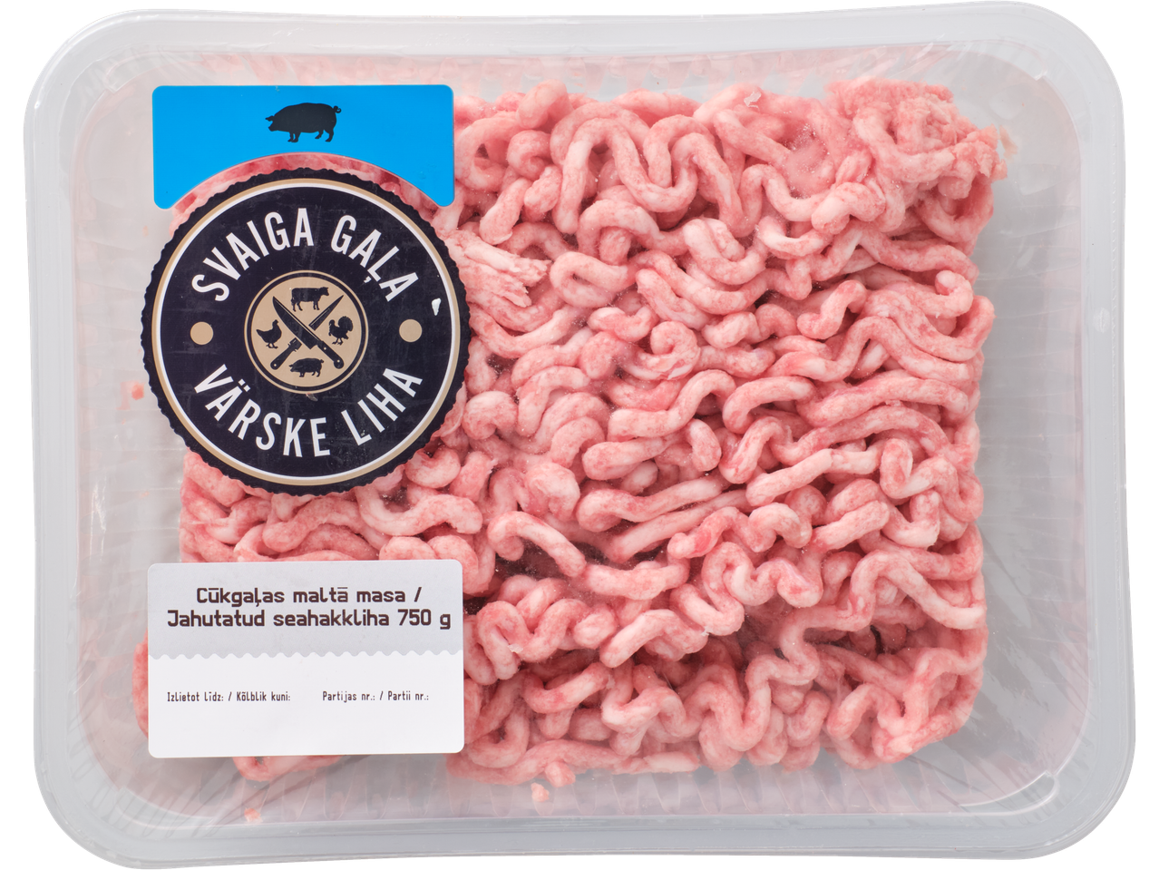 Pakend värske seahakklihaga 750 g sildiga 'SVAIGA GAĻA VÄRSKE LIHA'.