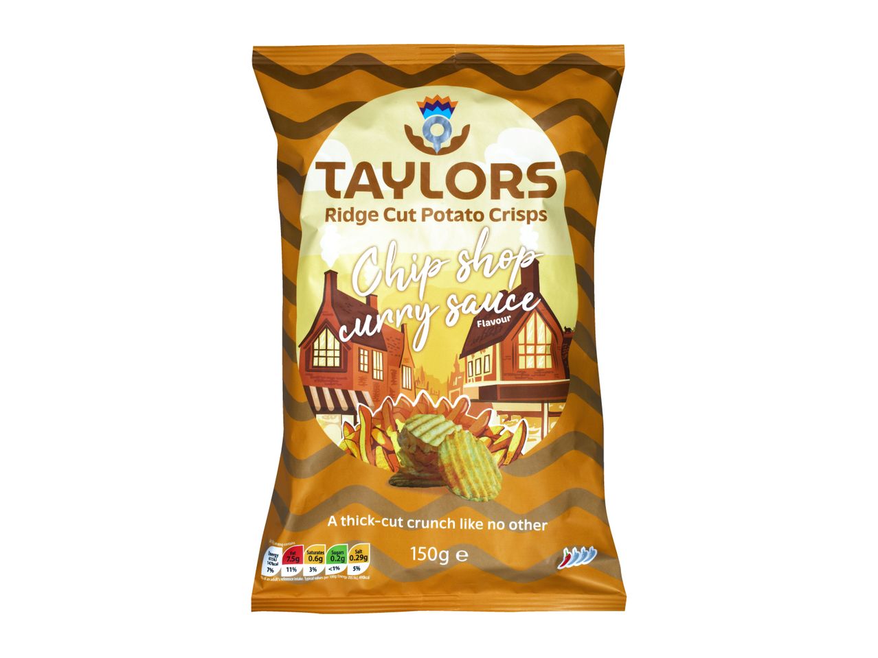 A bag of ridge cut potato crisps with a chip shop curry sauce flavor, featuring a town scene.