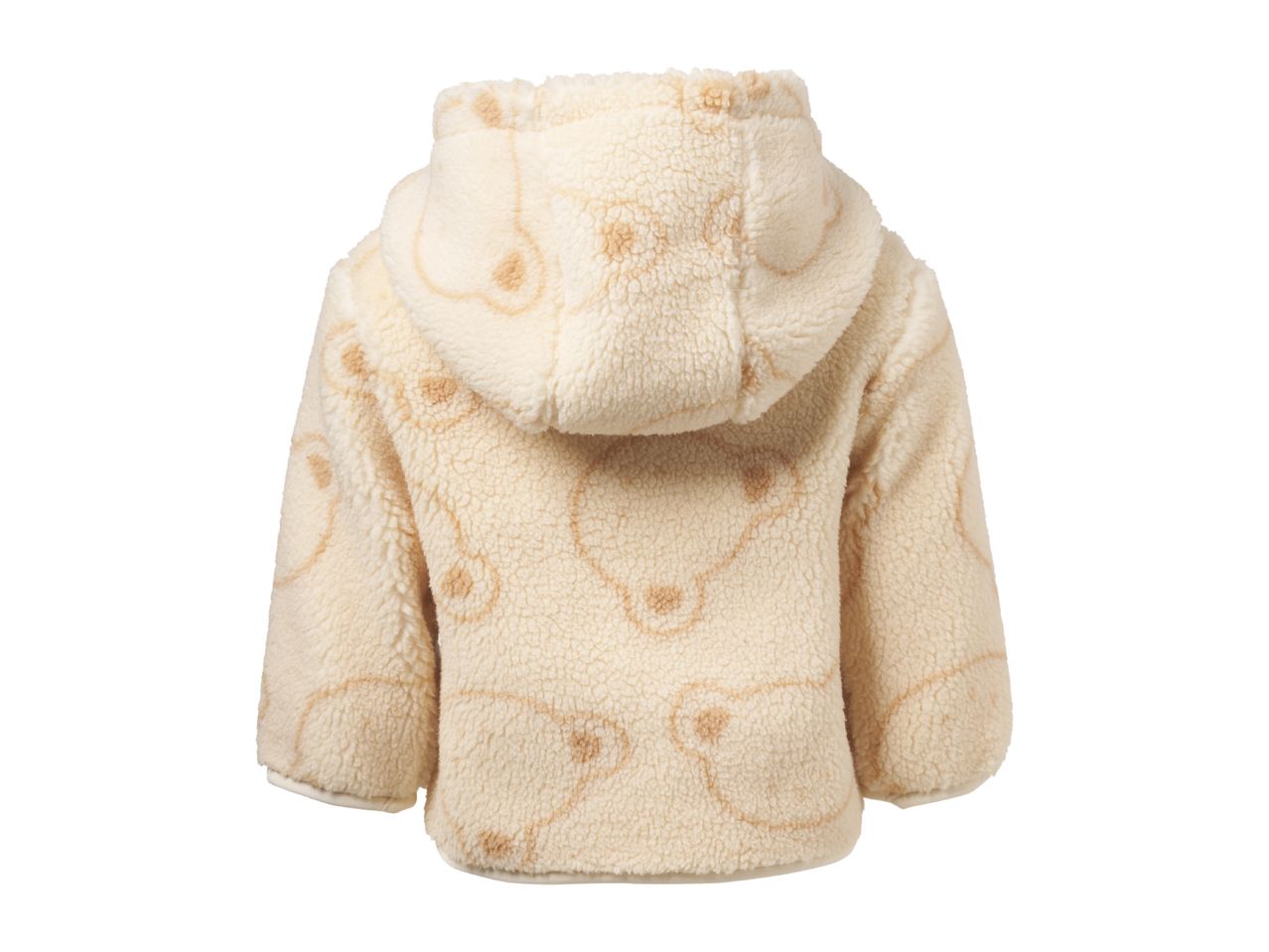 Cream teddy fleece jacket with hood and bear pattern for babies, back view