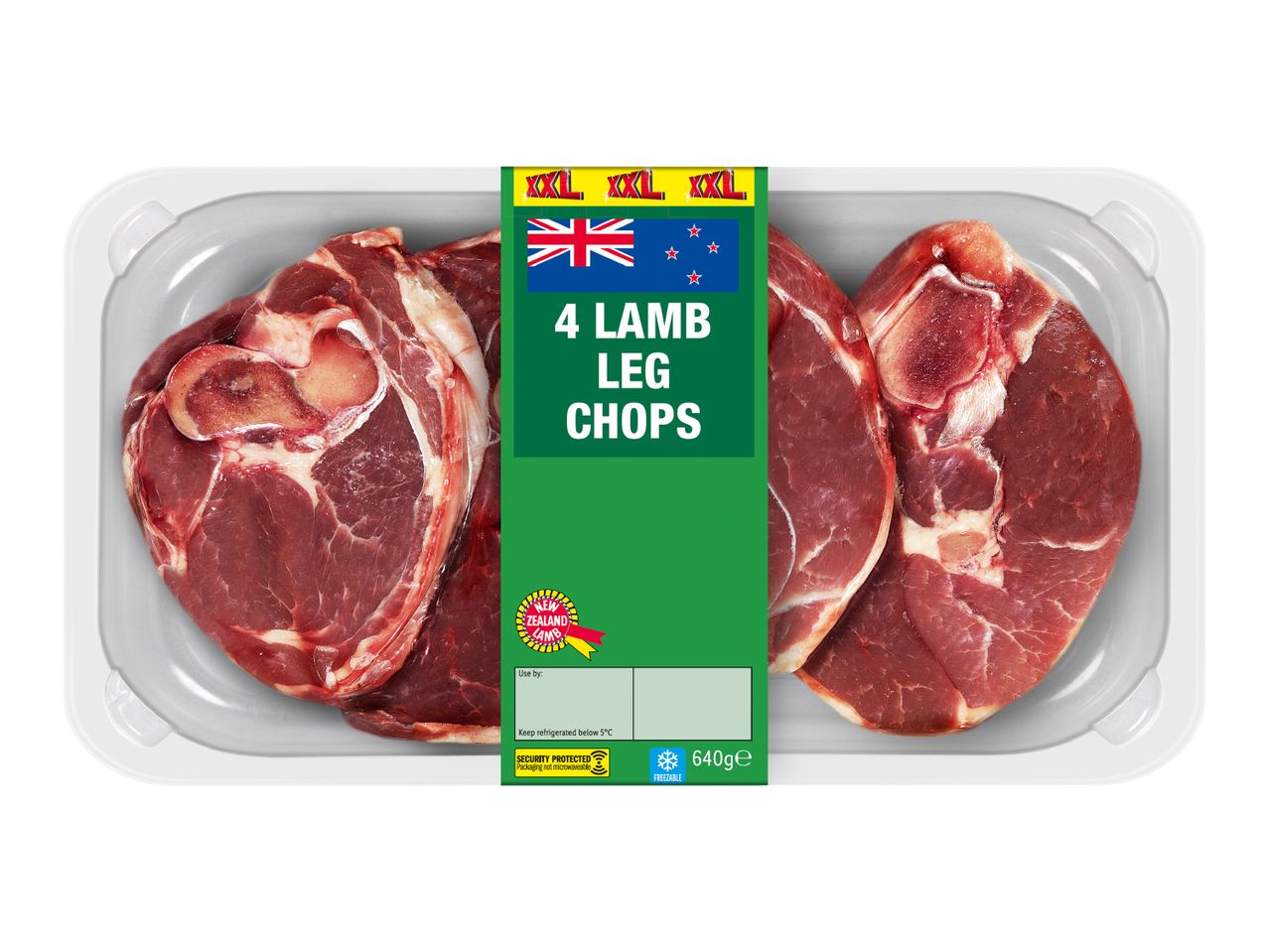 A package of four New Zealand lamb leg chops, weighing 640g.
