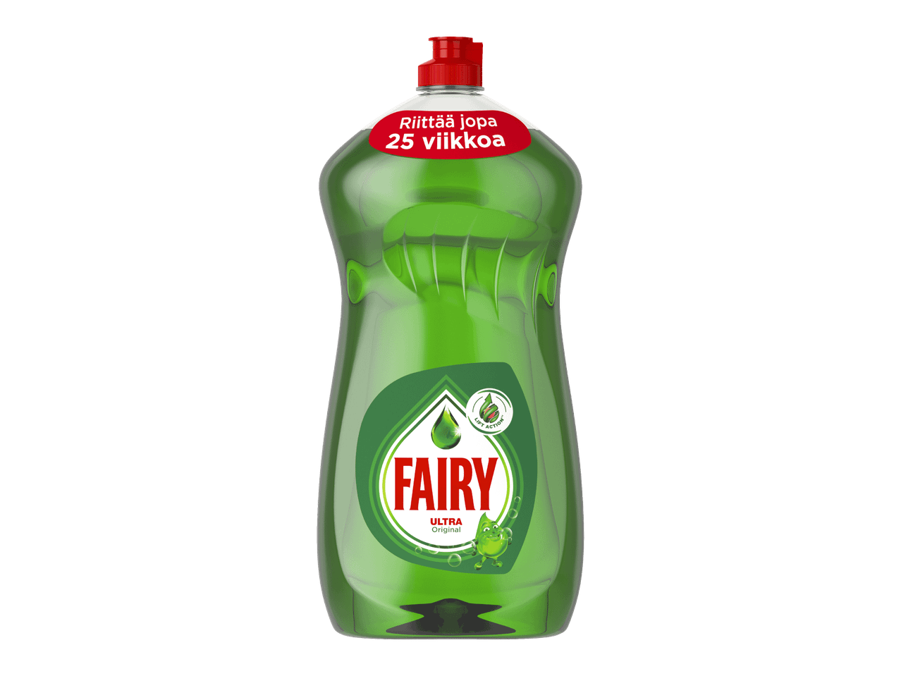 Vihreä astianpesuainepullo, jossa lukee 'Riittää jopa 25 viikkoa' ja 'ULTRA Original'.