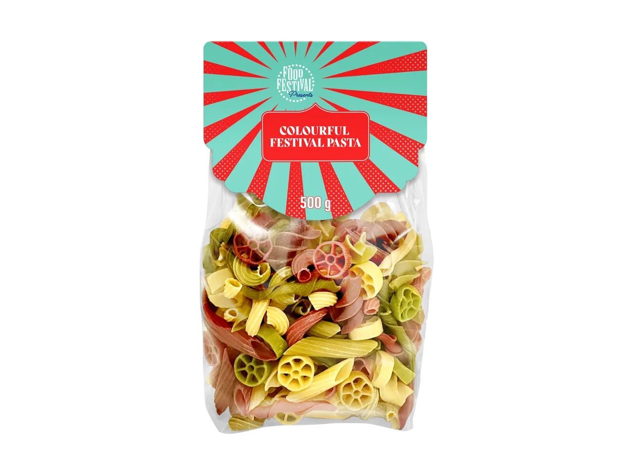 Food Festival kleurrijke pastaverpakking, 500g, met diverse vormen en feestelijk design.
