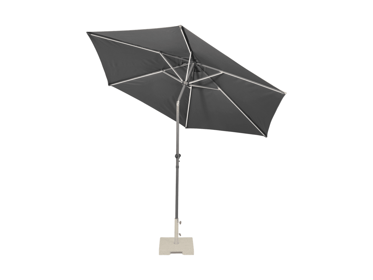 Ombrellone grigio con telo quadrato e base chiara.