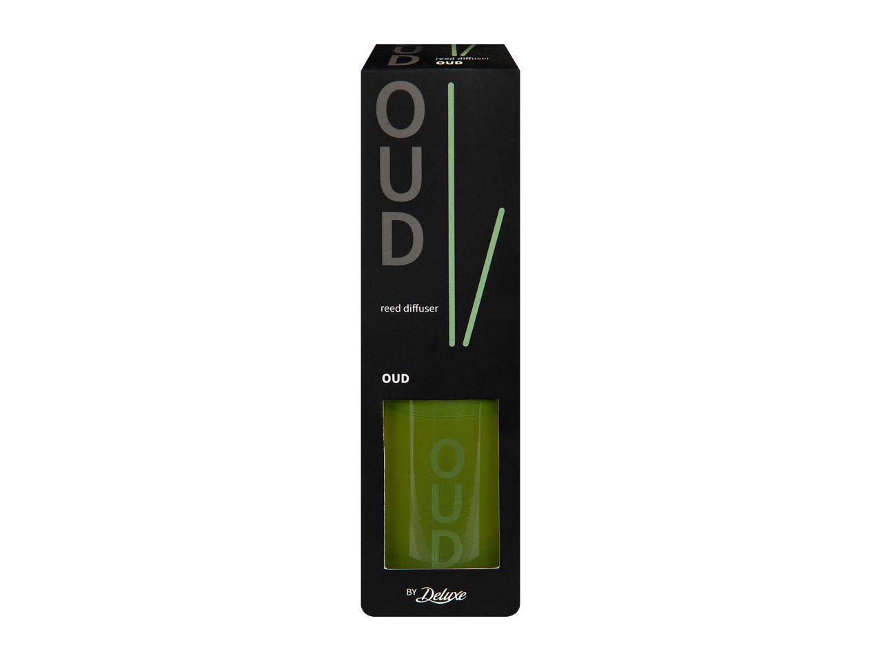 Black reed diffuser box with green accents and a visible green bottle inside, labeled 'OUD'.