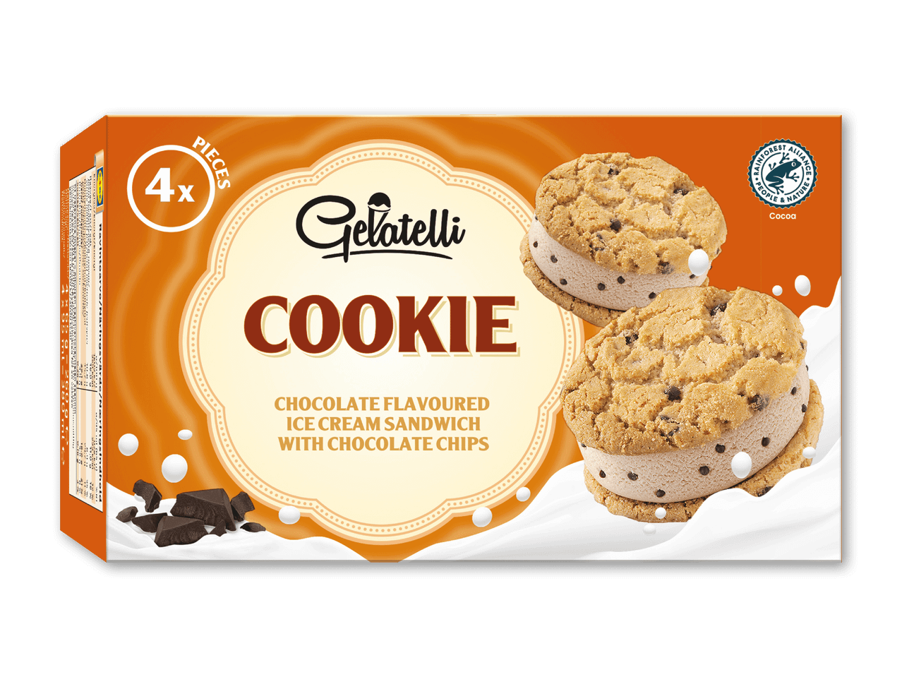 Pakke med 4 chokoladeis-sandwich med chokoladechips og Rainforest Alliance-mærke.