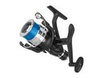Black fishing reel with blue line on a white background.