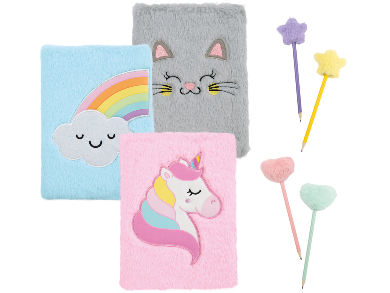 Tre fluffiga anteckningsböcker med söta motiv och tre matchande pennor med fluffiga toppar.