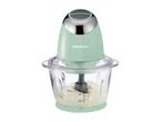 SilverCrest food chopper with a light green base and a glass bowl containing a white substance.