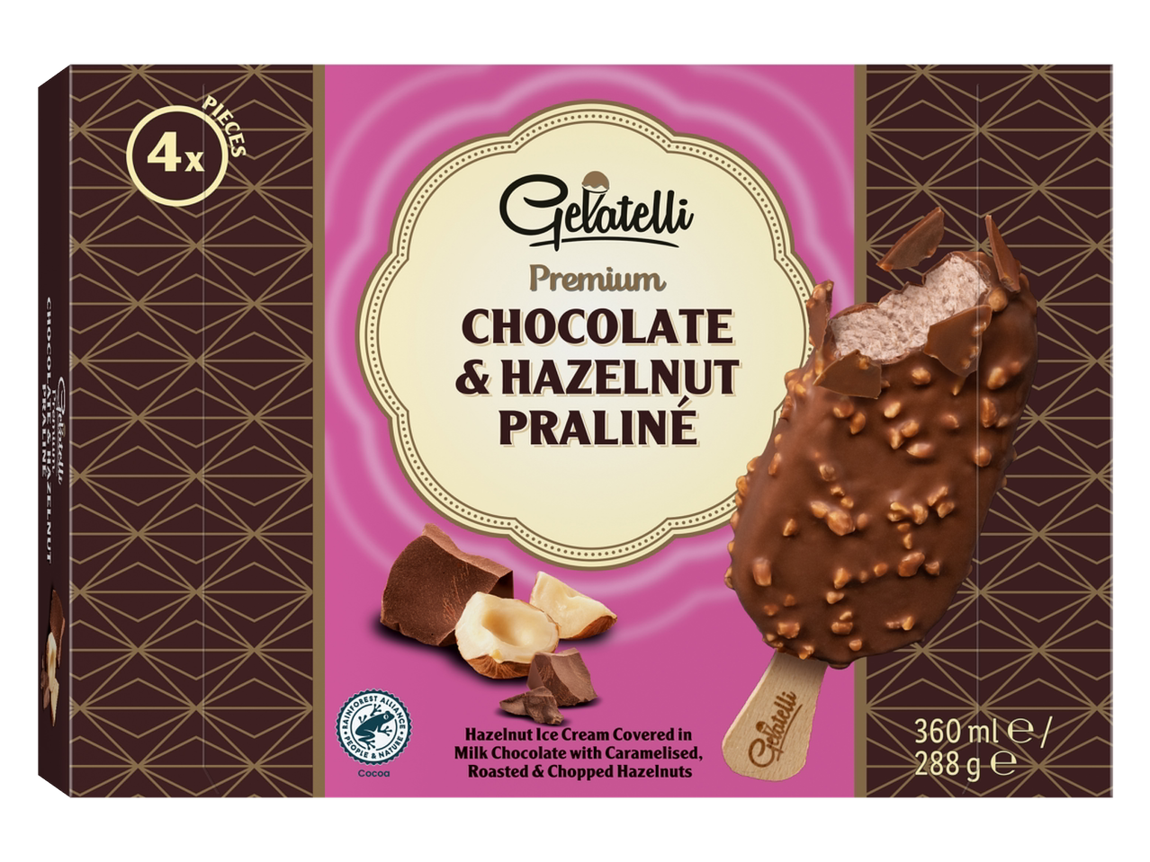 Gelatelli premium înghețată cu ciocolată și pralină de alune.