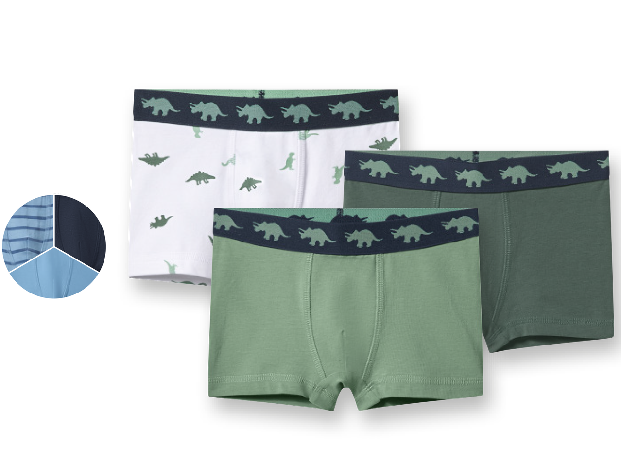 Three pairs of boys' dinosaur-themed boxer shorts in white and green, with a fabric swatch.