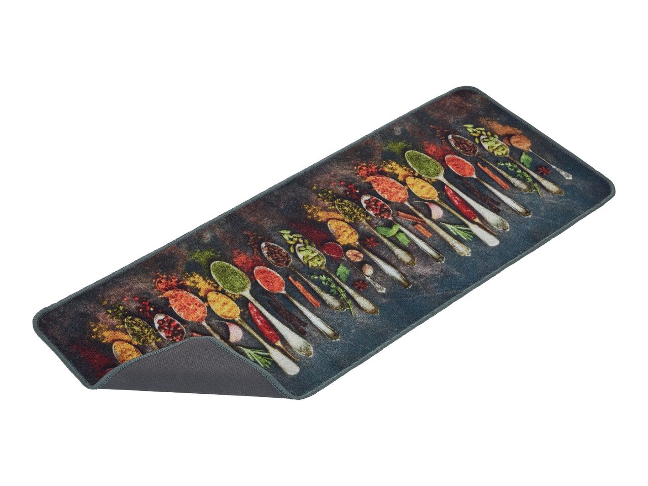 A rectangular, dark-colored mousepad features a colorful array of spoons.