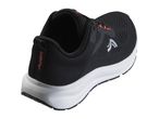 Black and white athletic shoe with orange accents, viewed from the back and side.