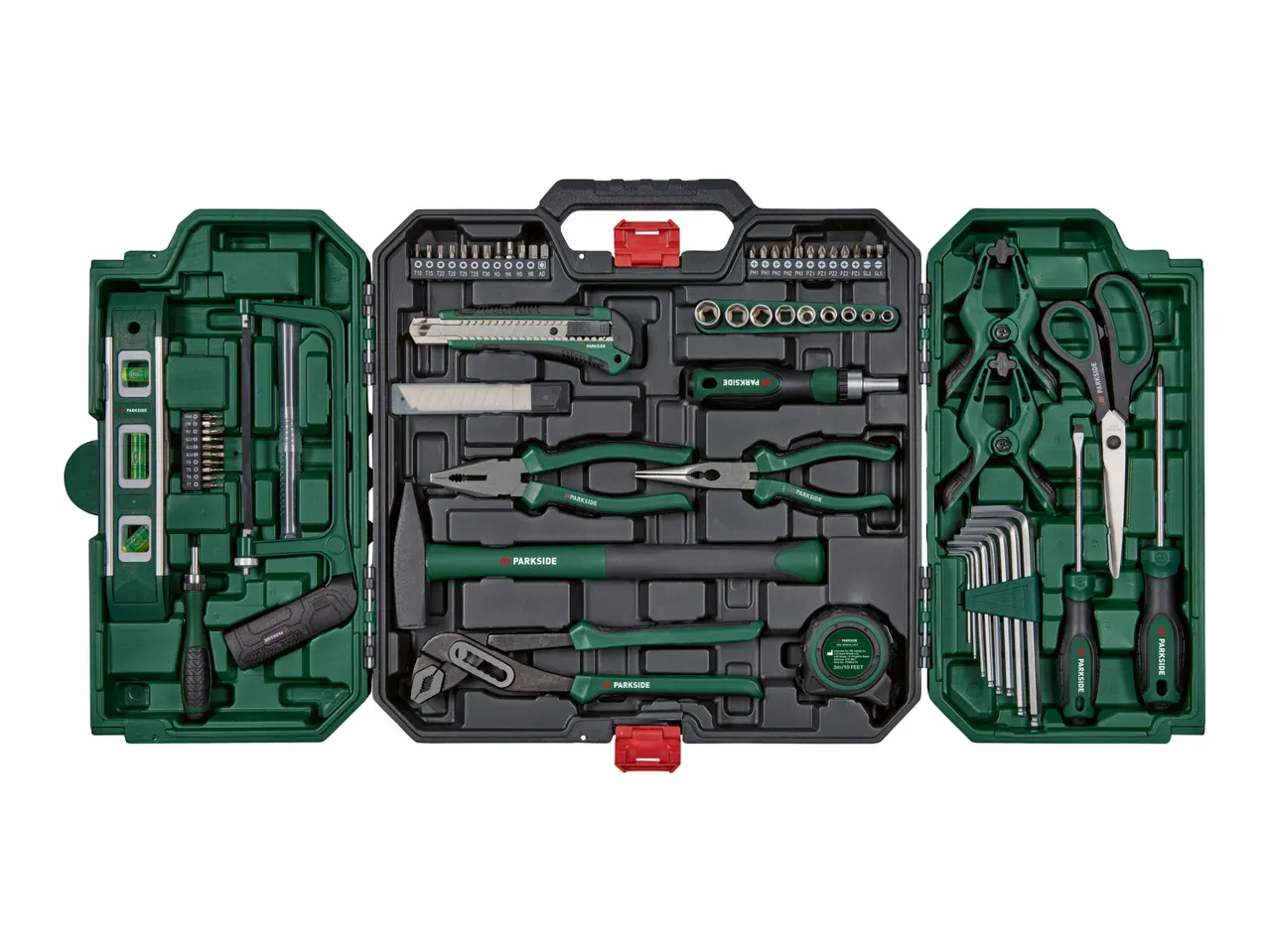 A green plastic toolbox filled with various hand tools and power tools.