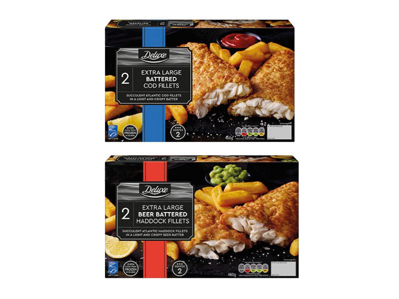 Two boxes of Deluxe brand battered fish fillets, one cod and one haddock.