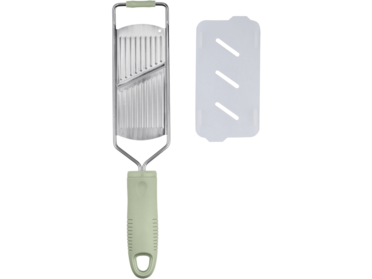 Een zilveren rasp met een lichtgroen handvat en een beschermkap.