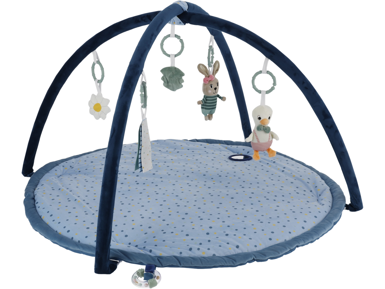 Lupilu® Baby Activity Gym with blue mat and hanging animal toys.